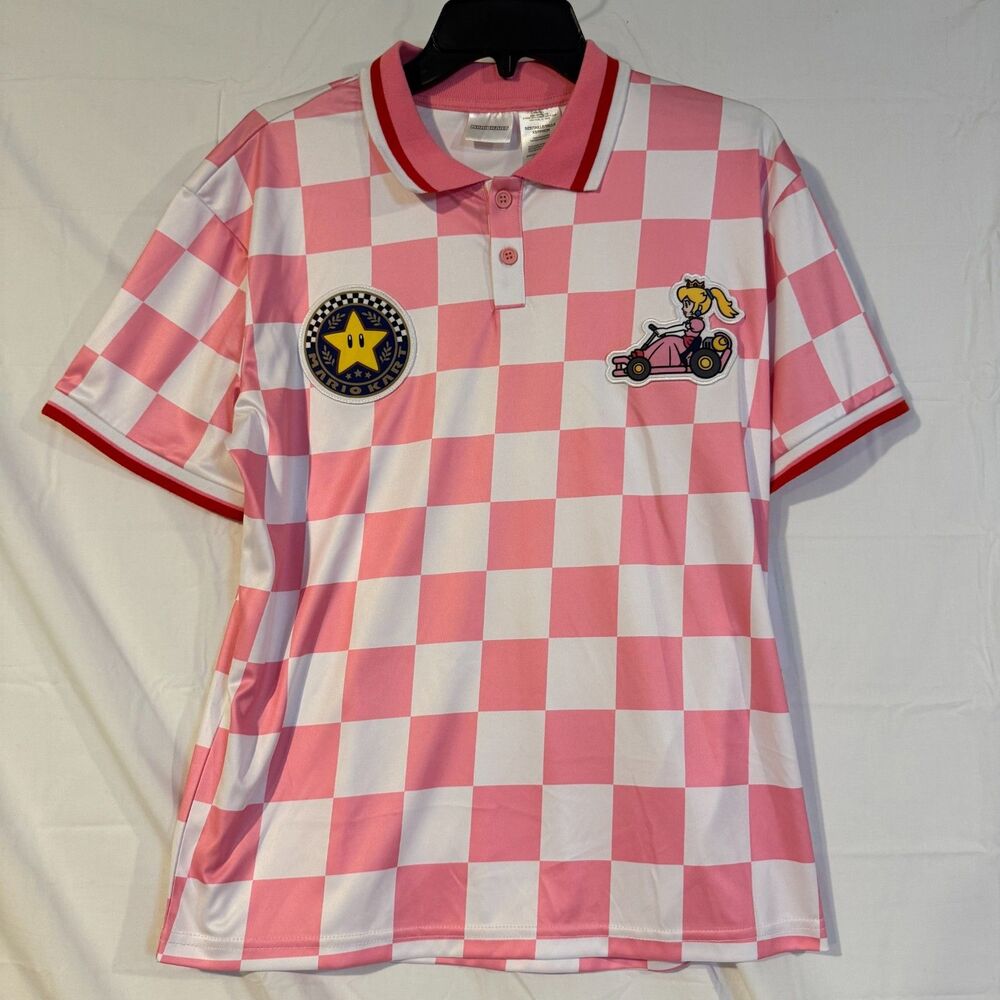 Nintendo Mario Kart Princess Peach Pink Checkered Polo Jersey Shirt XS NWT New